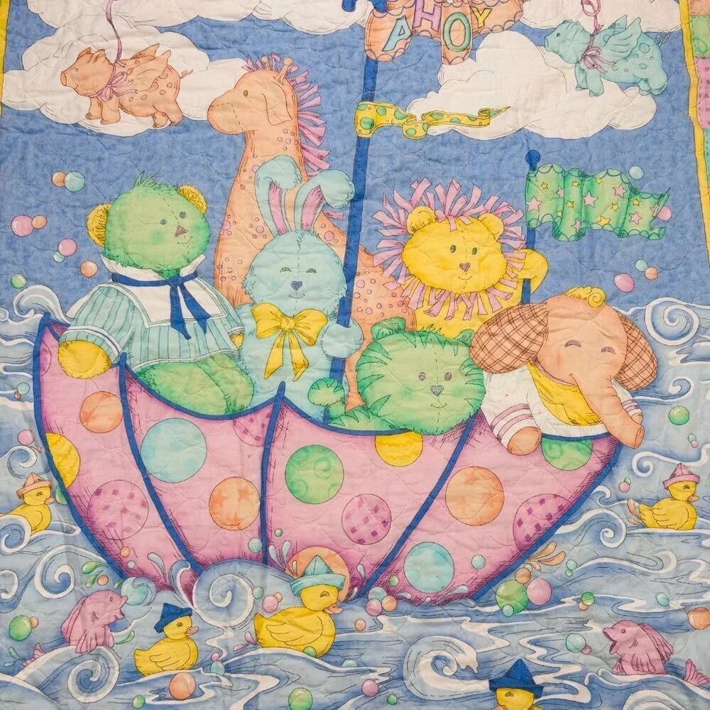 Vtg Noah’s Ark Baby Quilt Pigs Fly Puzzle Piece Bedroom